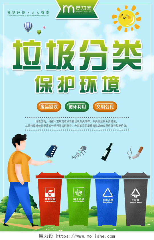 简单大气蓝色卡通公益环保环境保护垃圾分类宣传海报